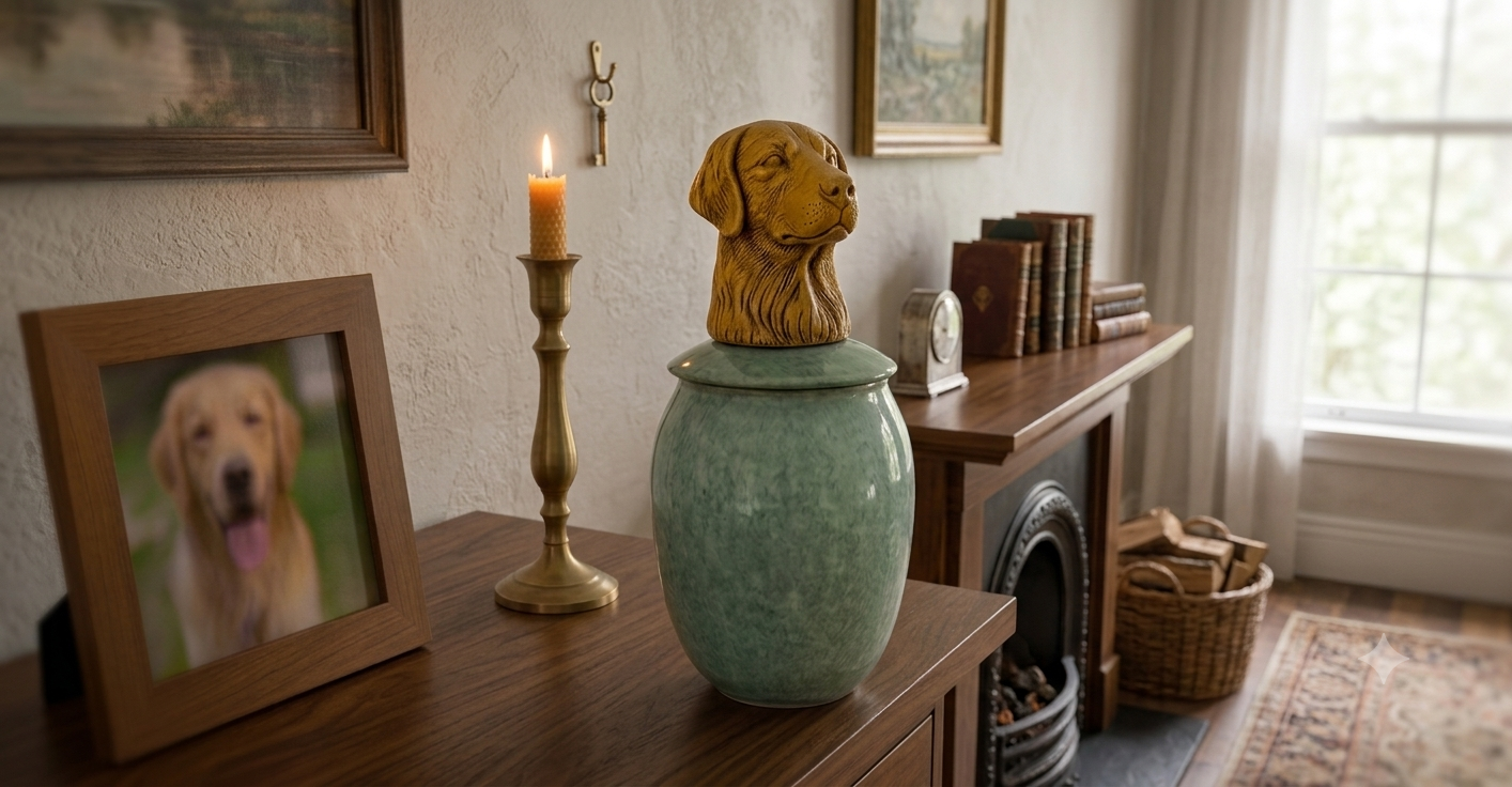 A finished portrait urn displayed in a home
